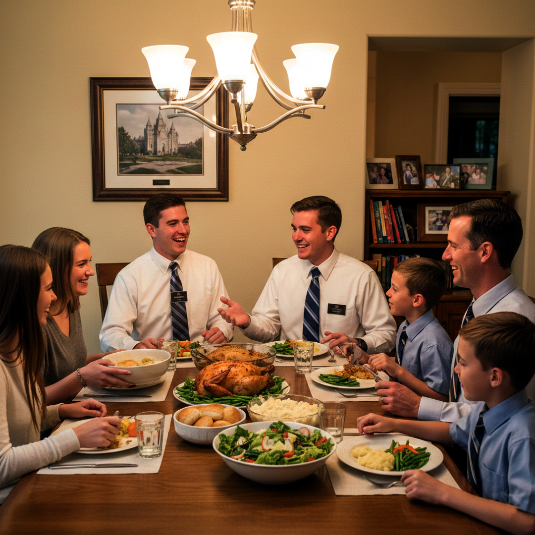 Missionaries enjoying dinner with a family